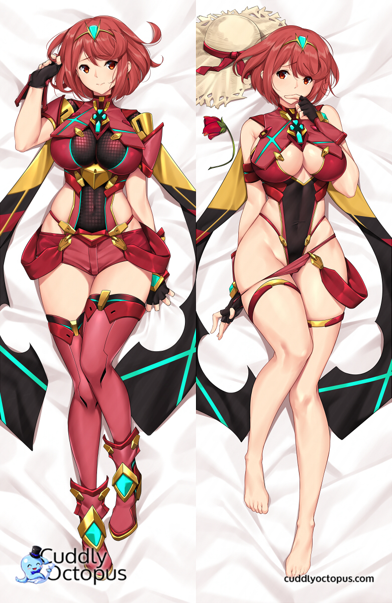 1girl alluring armor big_breasts breasts cleavage dakimakura finger_to_mouth fingerless_gloves forehead_jewel gloves hand_in_hair hat hot_pants hotpants legs nintendo pyra red_eyes red_hair short_hair thigh_high_boots thighs undressing xenoblade xenoblade_(series) xenoblade_chronicles_2