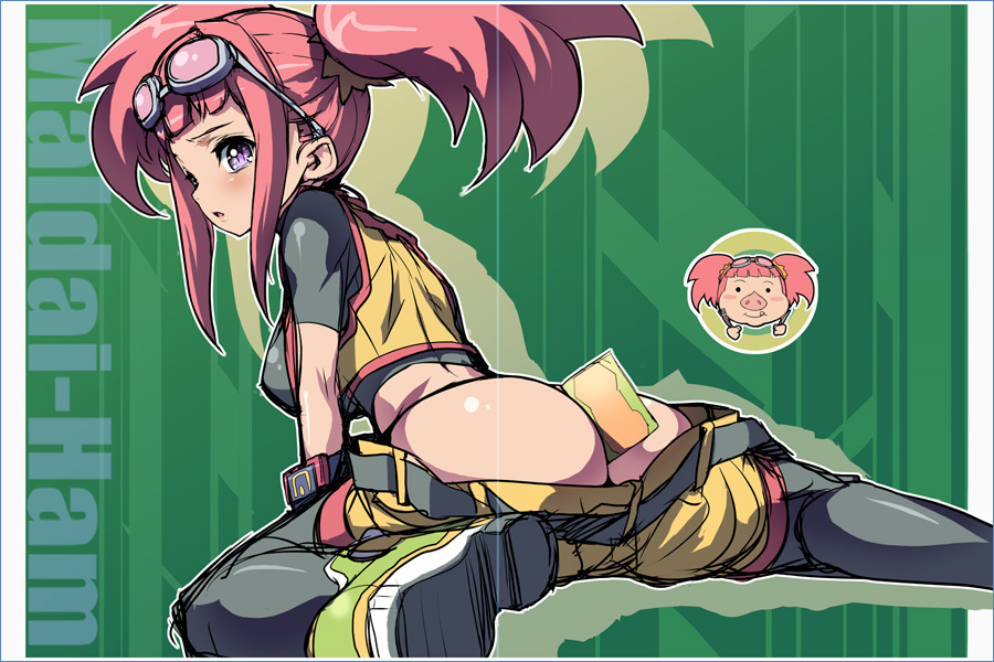 1girl akaga_hirotaka all_fours arm_support ass back bangs belt between_buttocks black_legwear black_thighhighs blunt_bangs blush blush_stickers butt_crack card chibi climax_entertainment crop_top dinosaur_king embarrassed female fork goggles goggles_on_head knife latex leaning_forward long_hair looking_at_viewer looking_back no_panties open_mouth panties pants_pull panty_pull parody pig pig_girl pig_snout pink_eyes pink_hair pumpkin_kingdom purple_eyes sega shadow shoes shorts shorts_pull sitting sketch sneakers solo spread_legs stockings tank_top tatsuno_malm thighhighs thong twintails underwear watch wristwatch zoe_drake