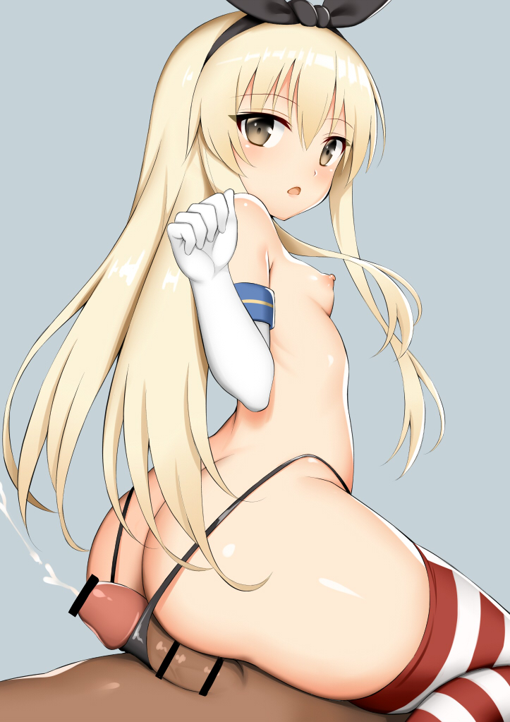1boy 1girl ass assjob black_panties black_underwear blonde blush breasts buttjob contentious_content dark-skinned_male duo elbow_gloves eyebrows_visible_through_hair female_focus girl_on_top gloves hair_between_eyes hairband interracial kantai_collection long_hair looking_at_viewer looking_back lying male nipples on_back open_mouth panties panty_pull red_legwear reverse_cowgirl_position shimakaze_(kantai_collection) shiny shiny_skin small_breasts solo_focus straddling striped striped_legwear toshishikisai underwear white_gloves white_legwear