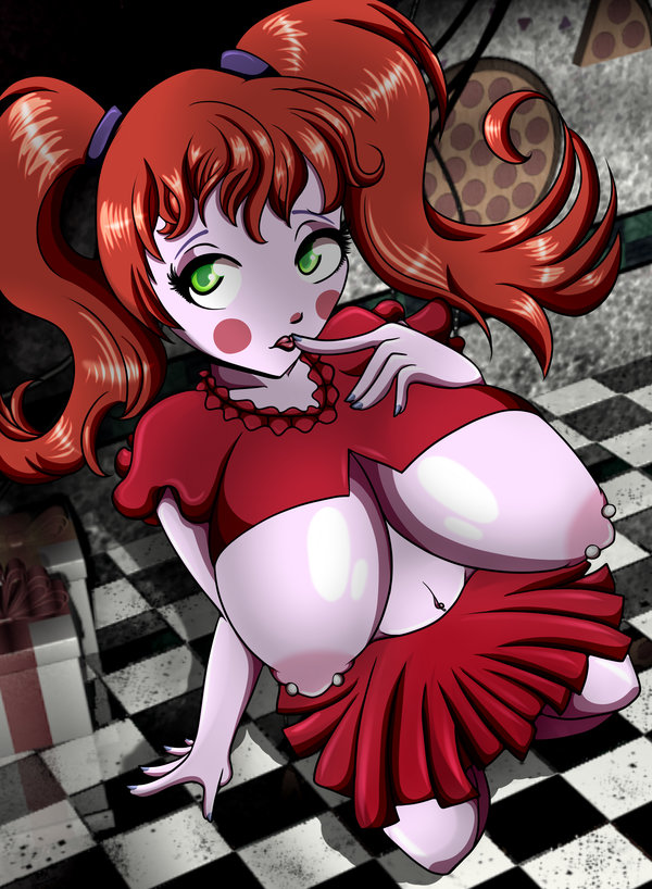 1girl animatronic big_breasts breasts_outside circus_baby five_nights_at_freddy's green_eyes long_hair orange_hair twin_tails