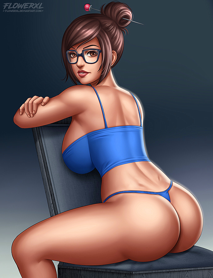 1girl asian ass big_breasts blue_panties blue_thong chair crop_top dat_ass female female_only flowerxl glasses looking_at_viewer looking_back mei-ling_zhou non-nude overwatch panties sitting solo thighs thong