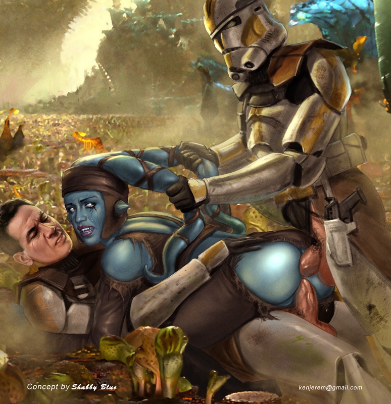 1girl 2boys aayla_secura alien anal anal_penetration ass blue_skin clone_trooper double_penetration female female_alien human human/alien interspecies kinkyjimmy male/female male_human male_human/female_alien partially_clothed revenge_of_the_sith sex shabby_blue star_wars threesome twi'lek vaginal vaginal_penetration