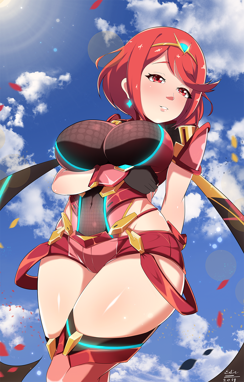 1girl alluring armor bangs big_breasts breasts cleavage curvy earrings exlic forehead_jewel from_below gloves hair_ornament heroine outside pyra red_eyes red_hair short_hair shorts thigh_high_boots thighs xenoblade xenoblade_(series) xenoblade_chronicles_2