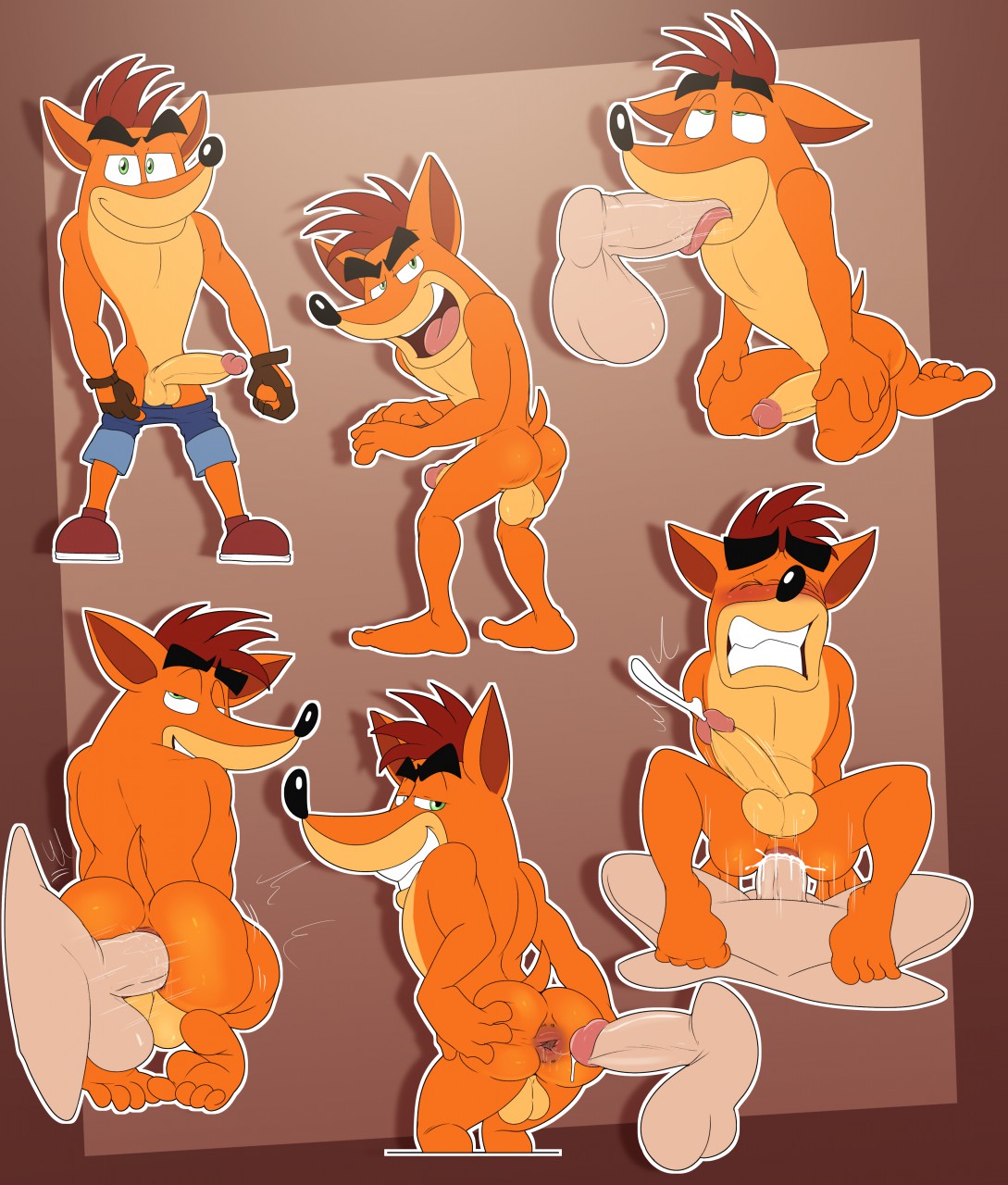 2boys anal anthro anthro/human anus ass cowgirl_position crash_bandicoot crash_bandicoot_(series) duo fellatio gaping_anus human/anthro human_on_anthro jerseydevil male multiple_boys multiple_penises naked nude oral pants_down penetration penis presenting sex smile spread_anus spread_ass spread_legs testicles wince yaoi