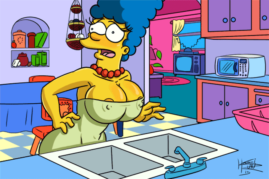 big_breasts blue_hair book bouncing_breasts gif kitchen kogeikun marge_simpson microwave nervous open_mouth table the_simpsons tv watermark
