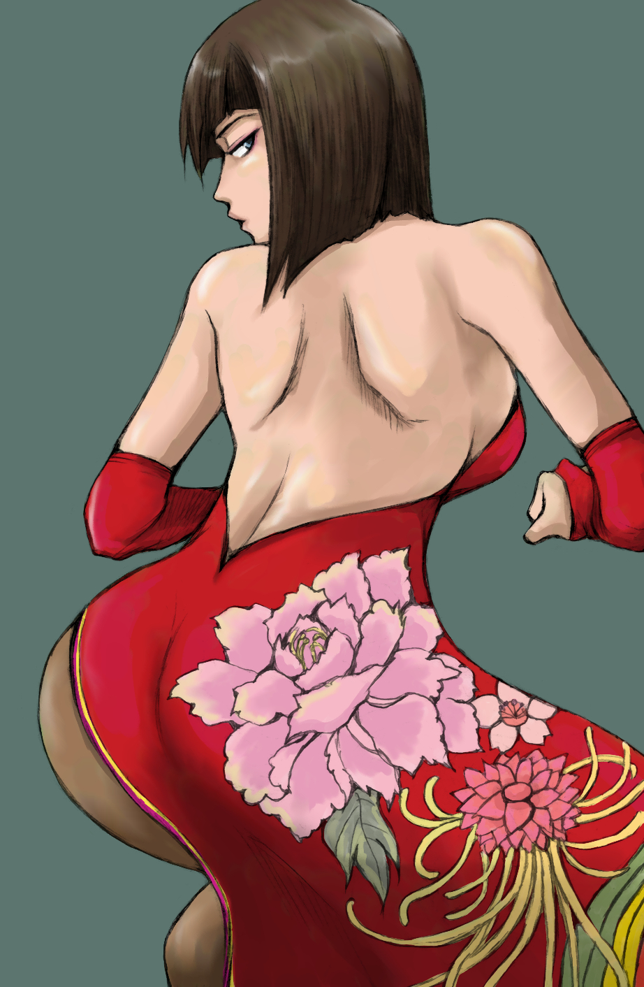 1girl anna_williams ass ass_shake back backless_outfit bare_shoulders blue_eyes bob_cut breasts brown_hair brown_legwear china_dress chinese_clothes death_by_degrees dress elbow_gloves floral_print gloves high_res huge_ass looking_back medium_breasts mimiyama_kiichi namco pantyhose short_hair side_slit sideboob tekken tekken_1 tekken_2 tekken_3 tekken_5_dark_resurrection tekken_6_bloodline_rebellion tekken_7 tekken_blood_vengeance tekken_tag_tournament tekken_tag_tournament_2 win_animation win_pose