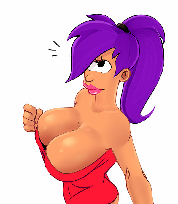 1girl female female_only futurama huge_breasts large_breasts purple_hair red_dress smile turanga_leela