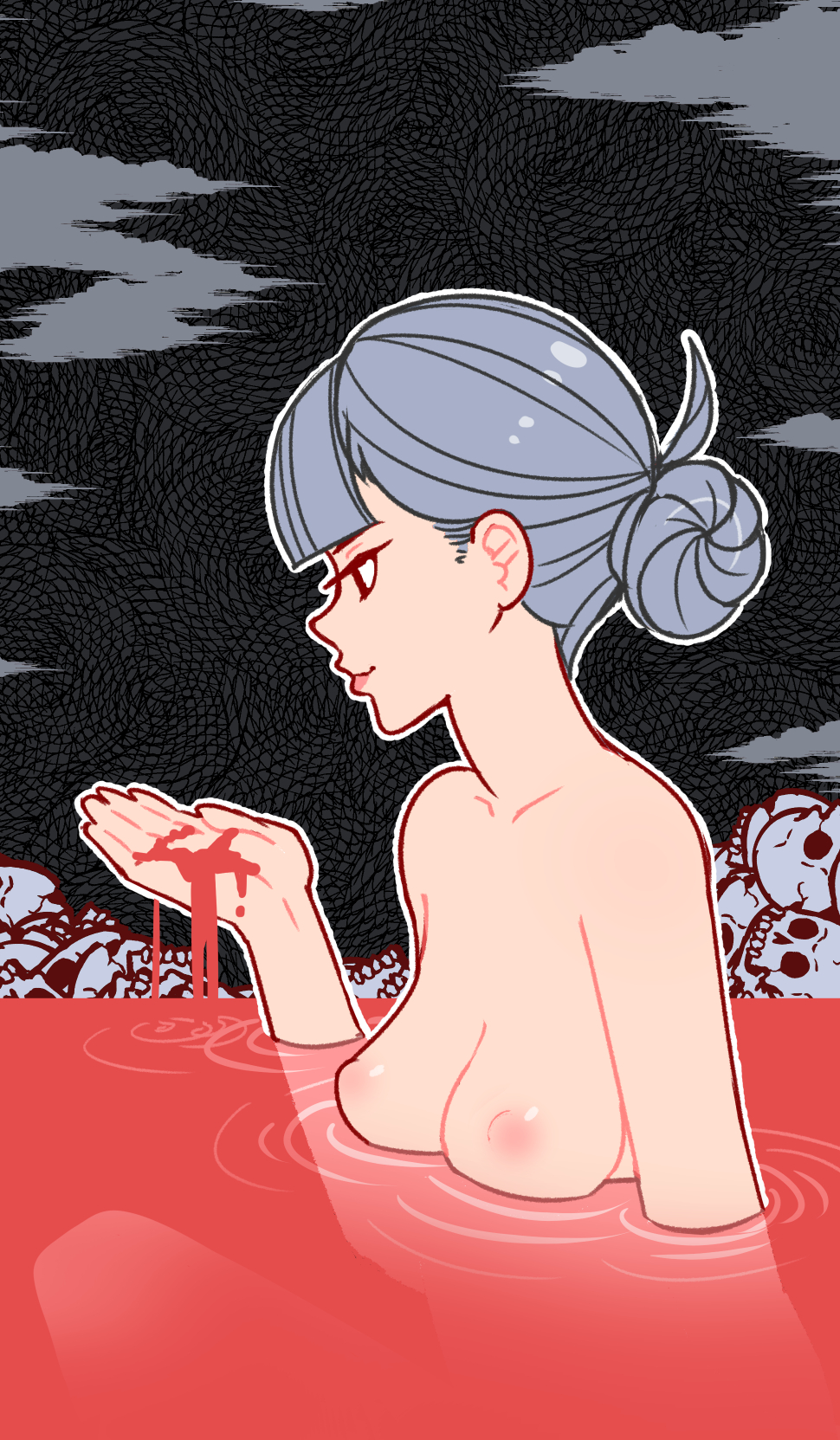 1girl akairiot bangs bathing blood blunt_bangs breasts cleavage cloud completely_nude ears female_only female_solo hair_bun high_resolution in_profile medium_breasts nipples nude original outside partially_submerged red_eyes silhouette silver_hair skull skull_pile smile tied_hair
