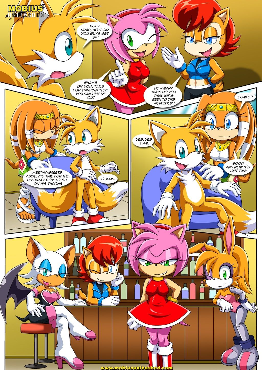 amy_rose archie_comics bbmbbf bunnie_rabbot happai_birthday miles_"tails"_prower mobius_unleashed palcomix rouge_the_bat sally_acorn sega sonic_(series) sonic_the_hedgehog_(series) tikal_the_echidna