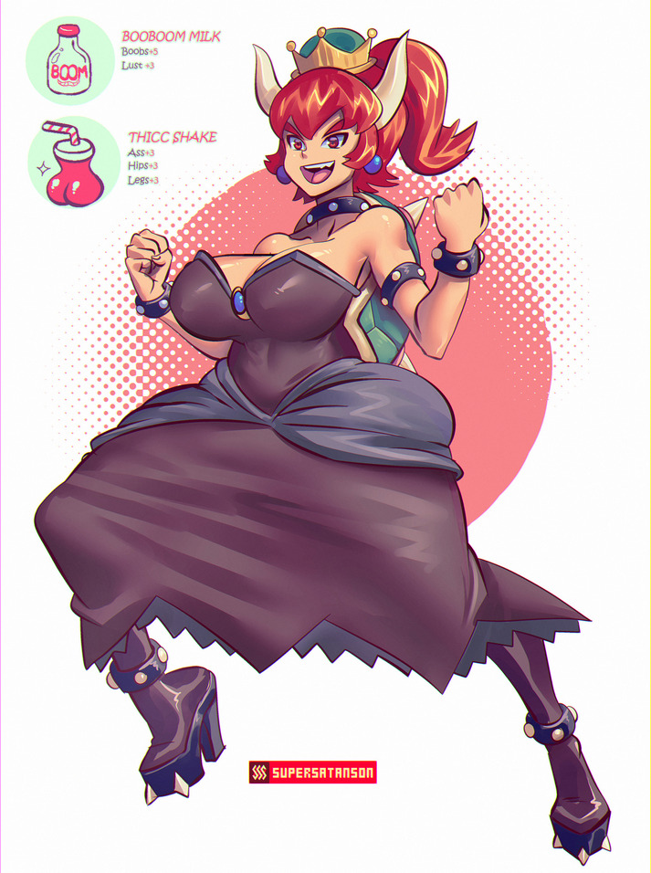 ass big_ass big_breasts bowser bowsette breasts cleavage female smile solo super_mario_bros. supersatanson transformation