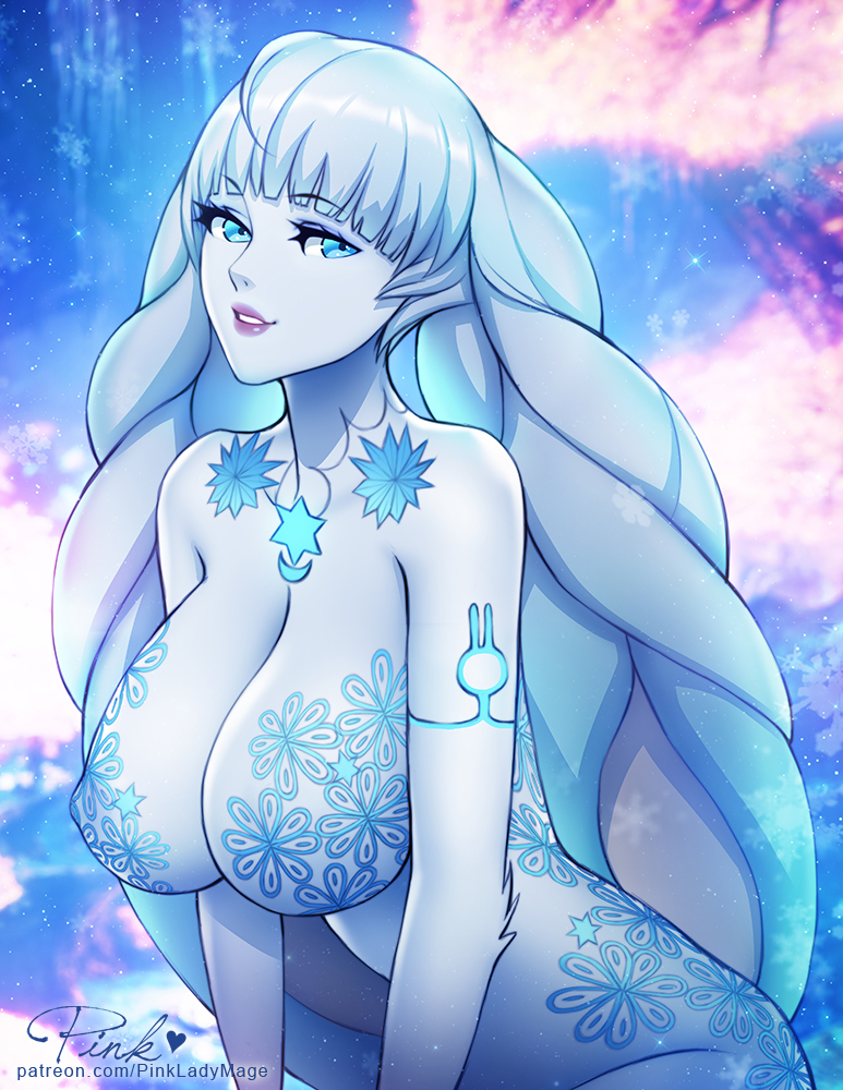 1girl anthro artist_name bedroom_eyes big_breasts blue_eyes breasts bunny_ears cleavage dahlia_(xenoblade) female_only fur large_breasts leaning_forward long_hair looking_at_viewer patreon_username pinkladymage rabbit smile snow solo_female tattoo white_hair xenoblade_(series) xenoblade_chronicles_2