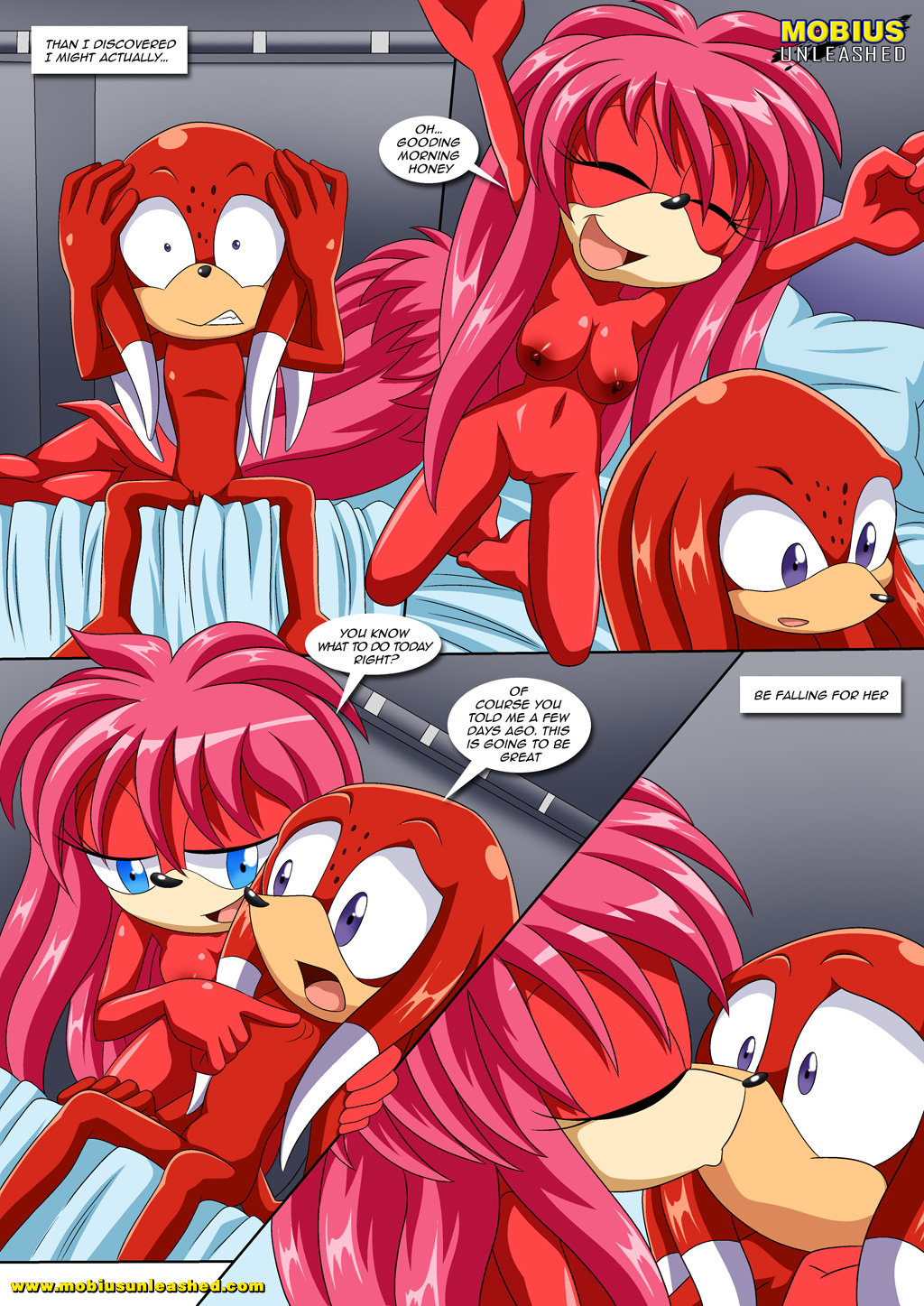 a_strange_affair_2 bbmbbf black_spots blue_eyes comic eyes_half_open grin incest kissing lien-da mobius_unleashed nude nude_female palcomix purple_eyes rutan_the_echidna sega sonic_the_hedgehog_(series) touching_chest white_tips