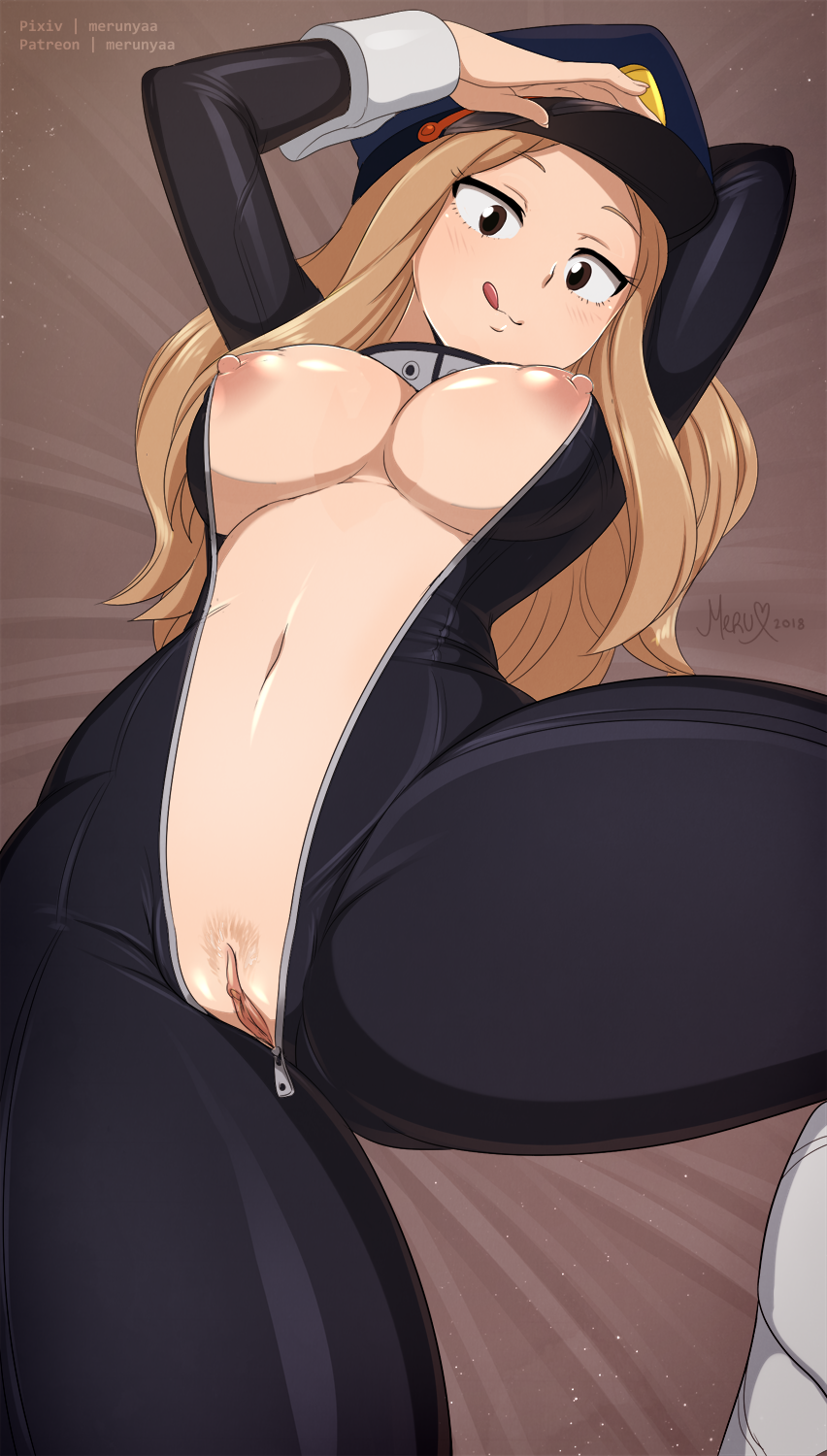 1girl bed_sheet big_breasts bodysuit breasts brown_eyes brown_hair camie_utsushimi hat high_resolution licking_lips long_hair long_sleeves looking_at_viewer lying merunyaa my_hero_academia navel nipples on_back parted_lips pubic_hair pussy tongue tongue_out