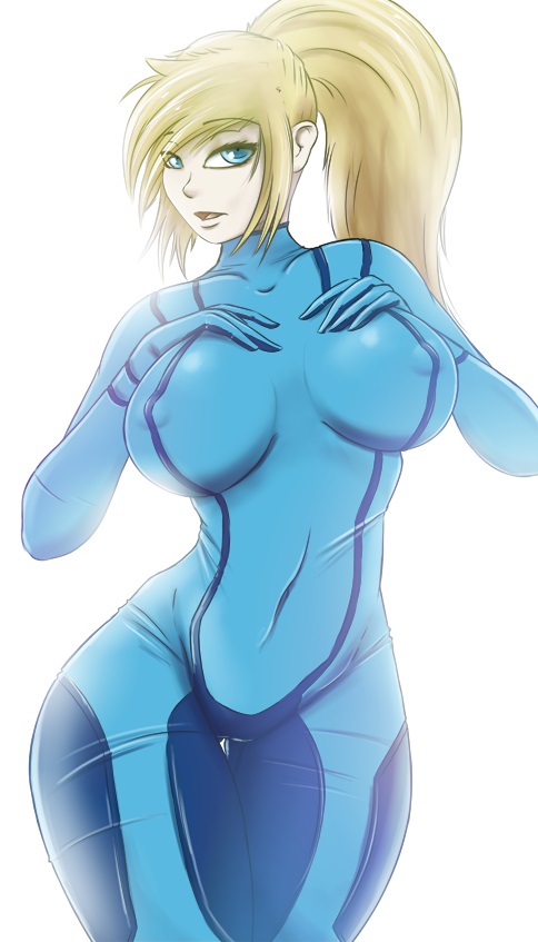 1girl big_breasts blonde_hair blue_eyes breasts covered_nipples erect_nipples hands_on_own_chest looking_at_viewer metroid ninjapony open_mouth ponytail samus_aran thigh_gap wide_hips zero_suit