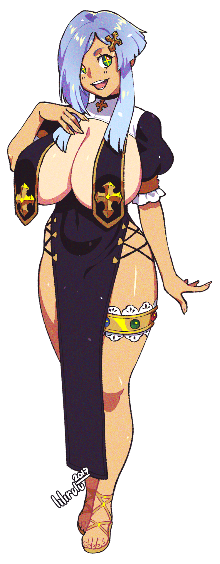1girl bangs big_breasts blue_hair breasts breasts_outside covered_breasts cross garter_belt green_eyes hair_ornament hand_on_own_chest hourglass_figure large_breasts legs looking_at_viewer matsu-sensei original_character religion sandals smile wide_hips