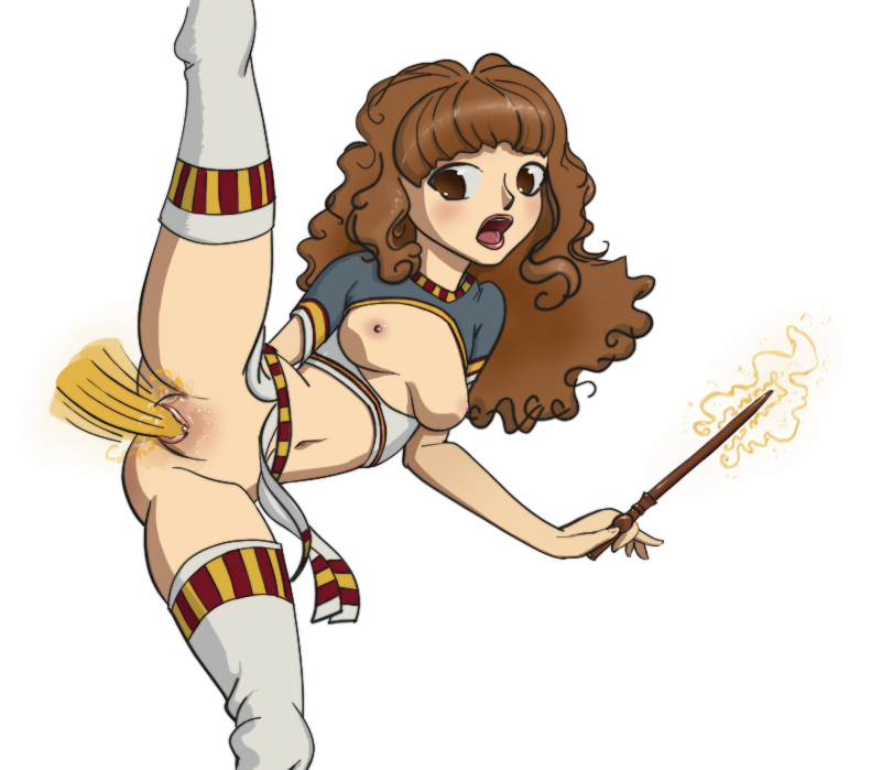 1girl breasts female harry_potter hermione_granger mostly_nude no_panties pussy spacechoochoo stockings transparent_background vaginal vaginal_penetration wand