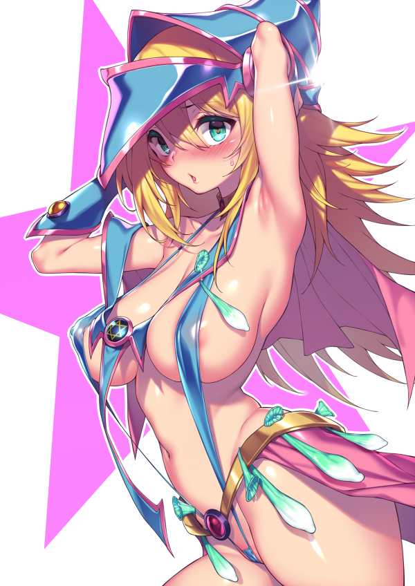 1girl :d absurdres areolae arm_behind_head arm_up armpits bangs bare_shoulders belt blonde_hair blue_gloves blush breasts capelet choker collarbone dark_magician_girl duel_monster elbow_gloves fuya_(tempupupu) gloves green_eyes hair_between_eyes hat highres hip_focus large_breasts long_hair looking_at_viewer navel nipples open_mouth pentacle pussy slingshot_swimsuit smile solo sparkle star_(symbol) sweat swimsuit teeth thighs uncensored upper_teeth_only white_background wizard_hat yu-gi-oh! yuu-gi-ou_duel_monsters