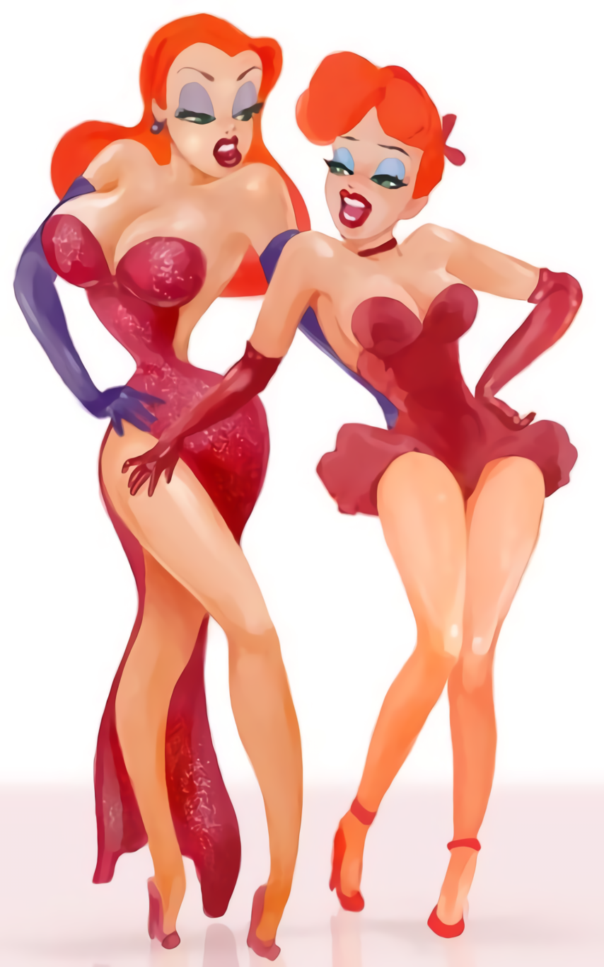 2_girls disney earrings green_eyes jessica_rabbit madwurmz red_dress red_hair red_hot_riding_hood sexy sexy_ass sexy_body sexy_breasts sexy_pose take_your_pick tex_avery who_framed_roger_rabbit yuri