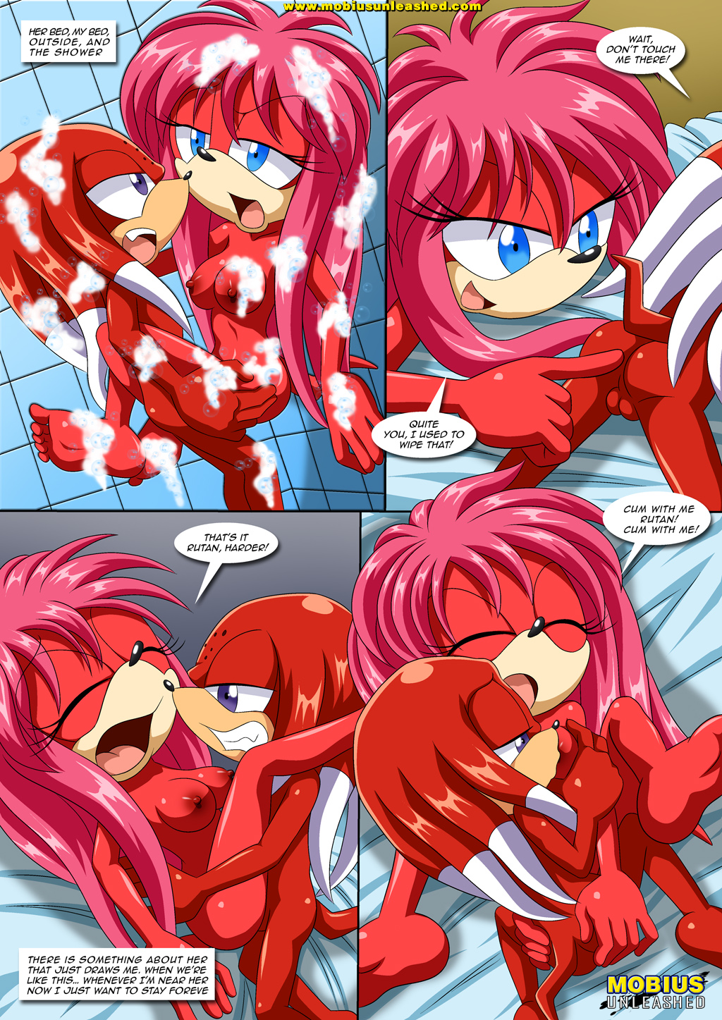 a_strange_affair_2 bbmbbf bedroom_sex black_spots blue_eyes closed_eyes comic eyes_half_open grabbing_breasts incest lien-da moaning mobius_unleashed palcomix poking purple_eyes rutan_the_echidna sex_in_shower sonic_(series) sonic_the_hedgehog_(series) sucking_nipples white_tips