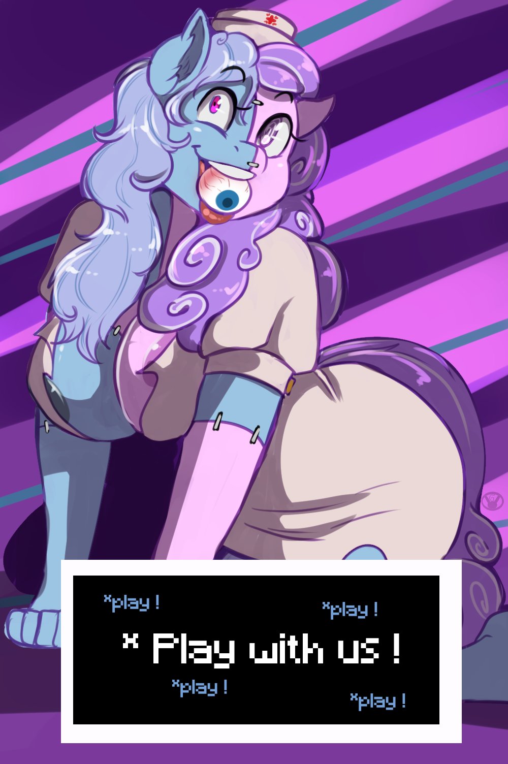 1girl anthro areola arnachy breasts cleavage clothed clothing equine eyeball friendship_is_magic furry horse mammal my_little_pony nurse pony screw_loose screw_loose_(mlp) screwball screwball_(mlp) split_personality stitched_together stitches torn_clothing
