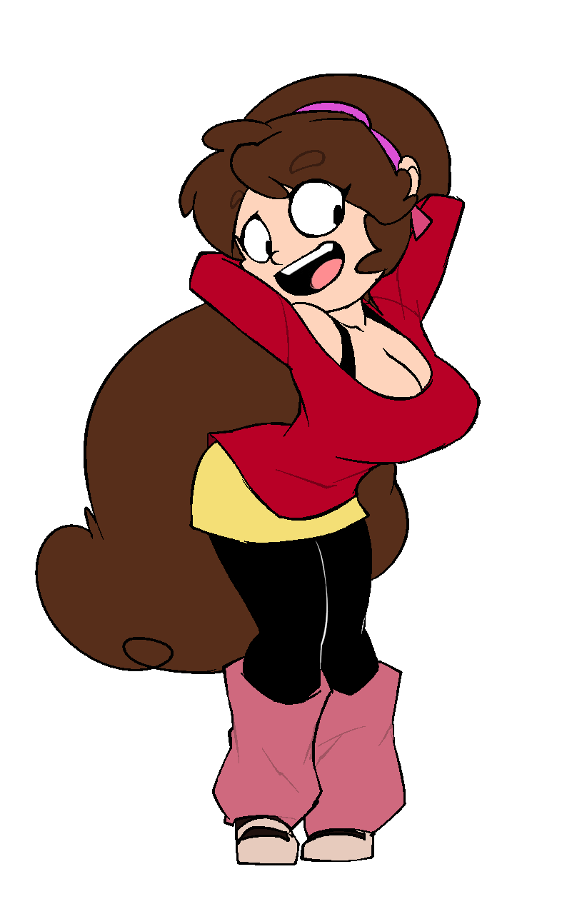 1girl :d aged_up arms_behind_head big_breasts bigdad breasts brown_hair cleavage curvy earrings gravity_falls hands_behind_head happy large_breasts leaning_forward leg_warmers leggings mabel_pines open_mouth png ponytail smile sweater thighs tongue transparent_background very_long_hair