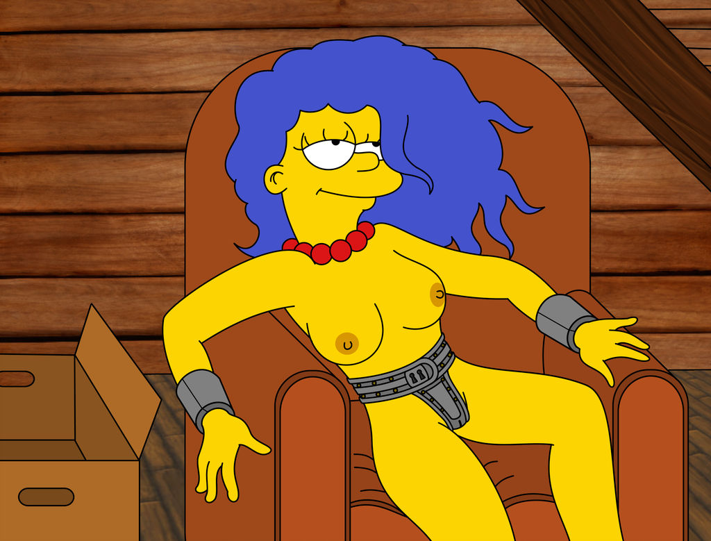 breasts chastity_belt hair_down marge_simpson nipples smile the_simpsons thighs topless