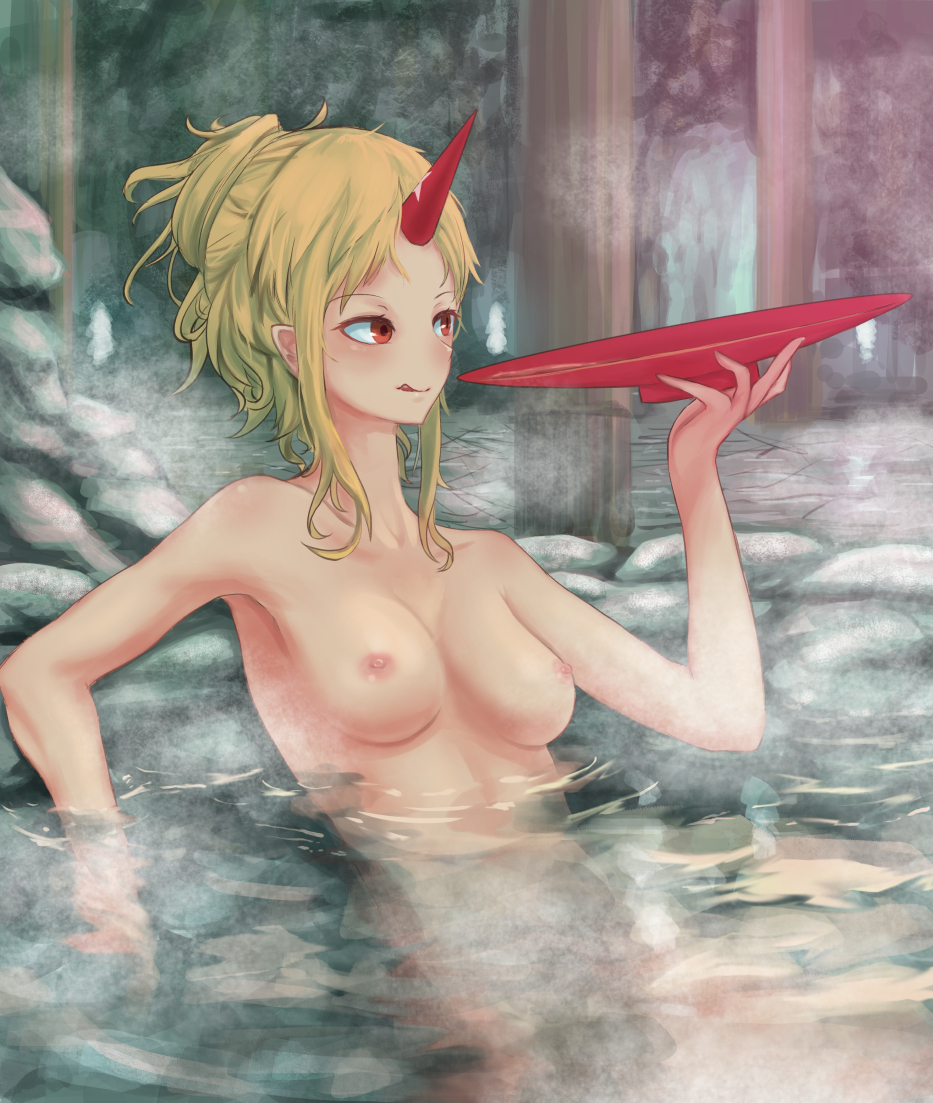 1girl :q alternative_hairstyle arm_out armpit blonde blush breasts clavicle cup forehead hand_up holding holding_cup horn hoshiguma_yuugi medium_breasts nipples nude onsen partially_submerged red_eyes rock roke_(taikodon) sakazuki short_hair sidelocks sitting steam tied_hair tongue tongue_out touhou water