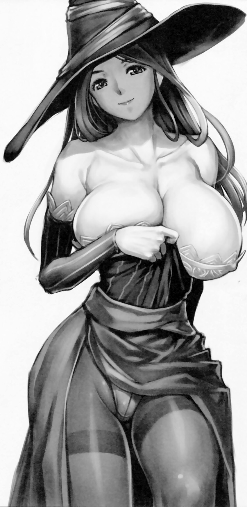 1girl bare_shoulders breasts cleavage clothing crotch_seam detached_sleeves dragon's_crown erect_nipples erect_nipples_under_clothes female female_only greyscale hat headwear high_resolution huge_breasts iruma_kamiri long_hair massive_breasts monochrome nipples panties panties_under_pantyhose pantyhose side_slit solo solo_female sorceress_(dragon's_crown) thighband_pantyhose thighs underwear witch_hat