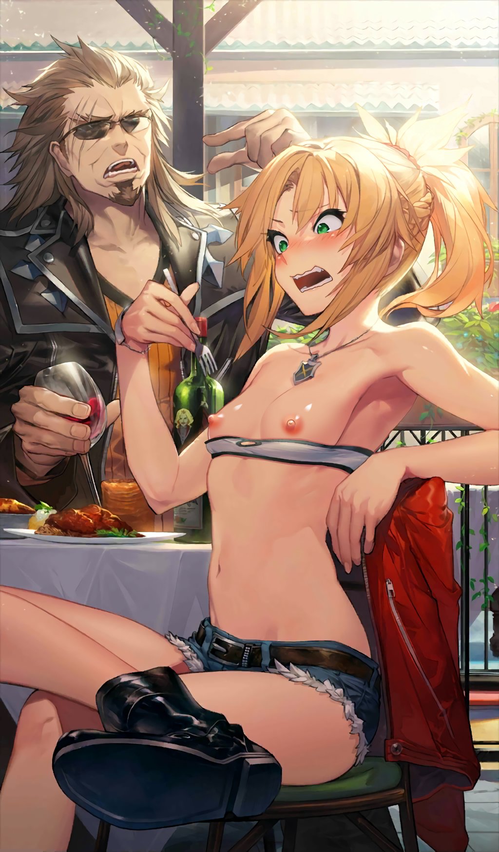 1boy 1girl areola armpits bandeau bangs bare_shoulders blonde blush braid breasts breasts_out_of_clothes clavicle deep_armpits duo embarrassed fate/apocrypha fate/grand_order fate_(series) green_eyes high_resolution jewelry kodama_(wa-ka-me) male midriff mordred_(fate) navel necklace nipples nose_blush nude_filter open_clothes open_mouth outdoor_nudity outside parted_bangs pettanko ponytail shiny shiny_skin shishigou_kairi short_hair shorts sidelocks small_breasts surprised teeth thighs third-party_edit tied_hair topless wardrobe_malfunction