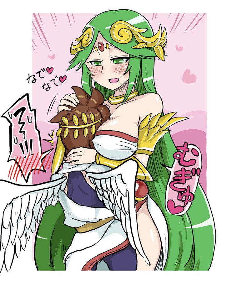 1boy 1girl angel_wings armlet between_breasts big_breasts blush bracer breast_smother breasts brown_hair circlet cleavage clothing dress duo edit gameplay_mechanics goddess green_eyes green_hair hair head_rub heart high_res hugging japanese_text kid_icarus kid_icarus_uprising long_hair looking_at_another male nintendo nipples palutena pit pit_(kid_icarus) scarf shorts side_slit smile speech_bubble spoken_blush tiara toga translation_request very_long_hair white-stew wings