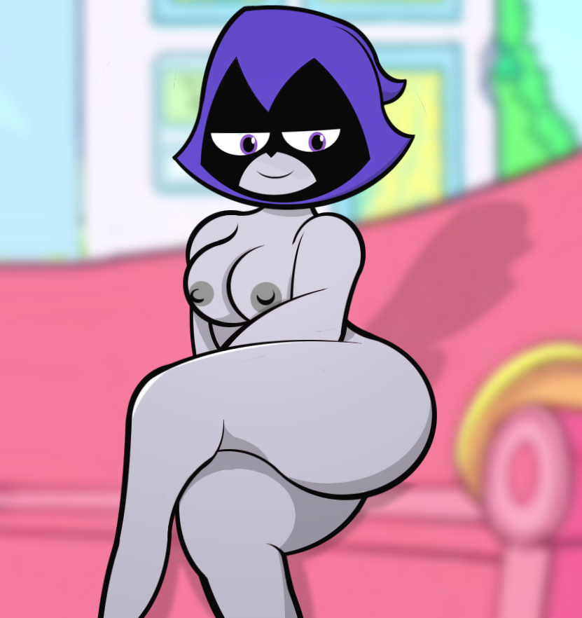 ass big_breasts breasts couch cropped dc dc_comics hood looking_at_viewer mcpartyworld nipples nude purple_eyes raven_(dc) sitting teen_titans teen_titans_go thicc thick thick_thighs