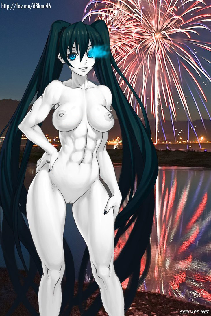 abs alternative_bust_size assymetrical_hair black_rock_shooter black_rock_shooter_(character) blue_eyes blue_flames breasts completely_nude grey_skin muscle muscular_female nipples nude pussy thick_thighs thighs