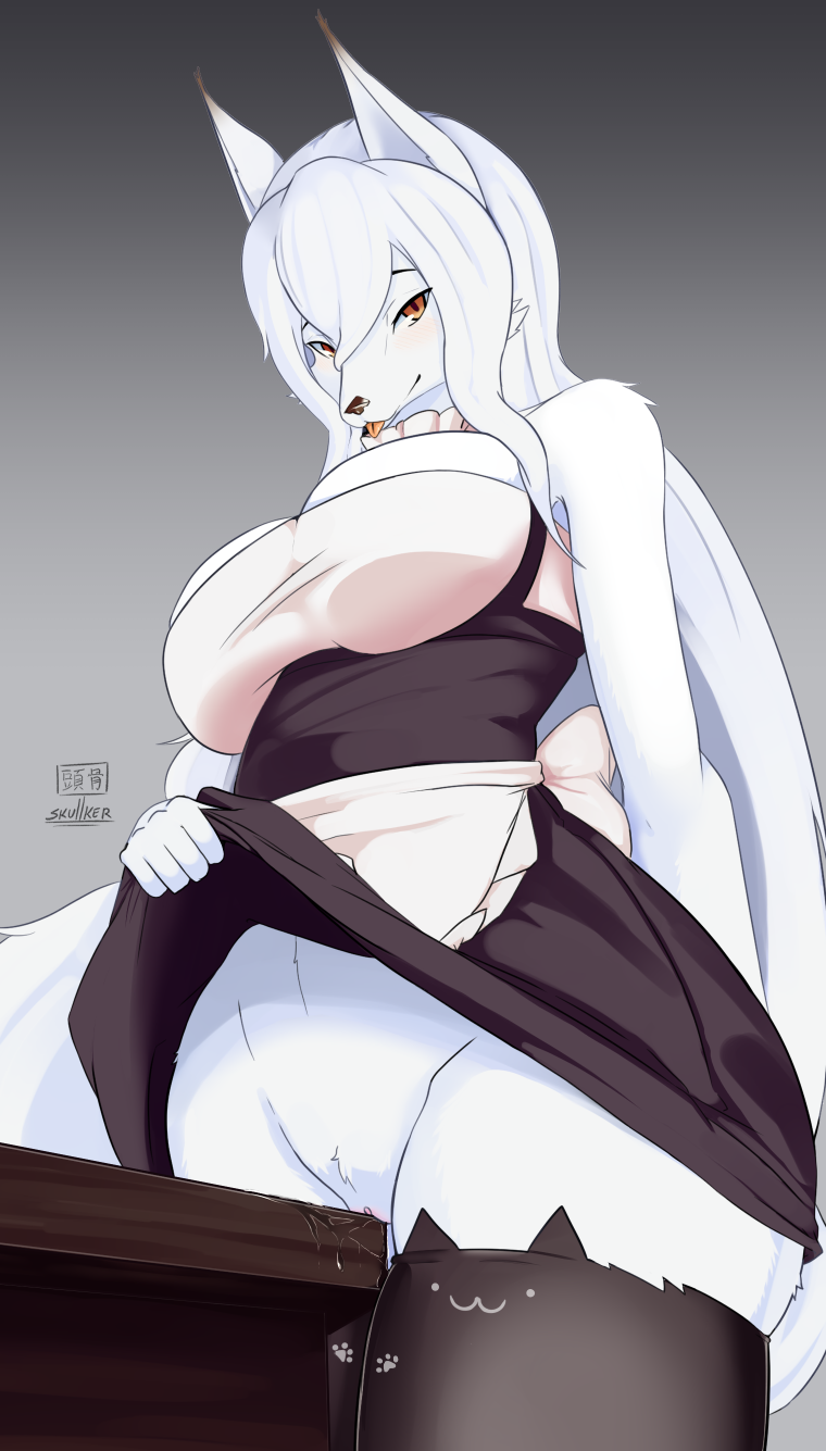 1girl 1girl anthro blep breasts canid canine canis clothed clothing clothing_lift covered_breasts dress dress_lift fur furry genitals hair high_res mammal no_underwear pubes pussy skulkers tongue tongue_out white_body white_fur white_hair wolf