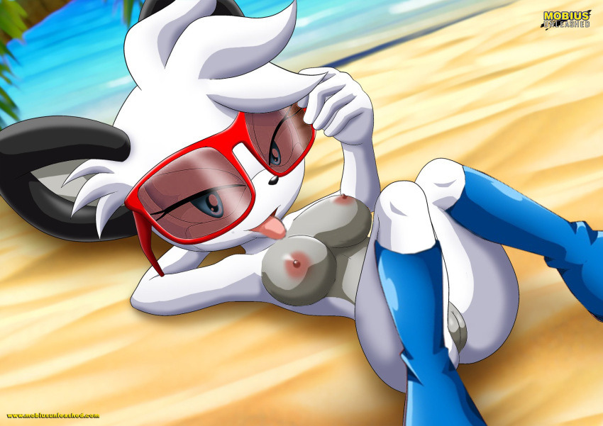 1girl archie_comics barby_koala bbmbbf beach black_nose blue_eyes boots breasts ear_tuft grey_fur grin hair_tuft hand_behind_head looking_at_viewer mobius_unleashed outdoor outside palcomix pussy sand sega sonic_(series) sonic_the_hedgehog_(series) sunglasses tongue tongue_out tuft white_fur