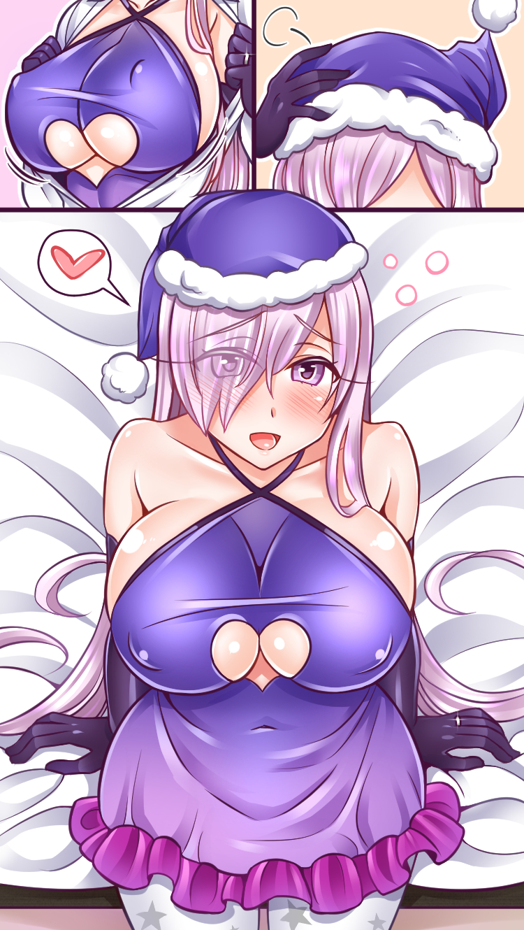 1girl bare_shoulders bed big_breasts blush breasts cleavage cleavage_cutout elbow_gloves erect_nipples eyes_visible_through_hair fate/grand_order fate_(series) hair_over_one_eye hat heart large_breasts lavender_hair lingerie long_hair looking_at_viewer mabo_udon mashu_kyrielite nipple_bulge open_mouth open_shirt purple_eyes ring santa_hat sitting sitting_on_bed smile spoken_heart under_boob very_long_hair