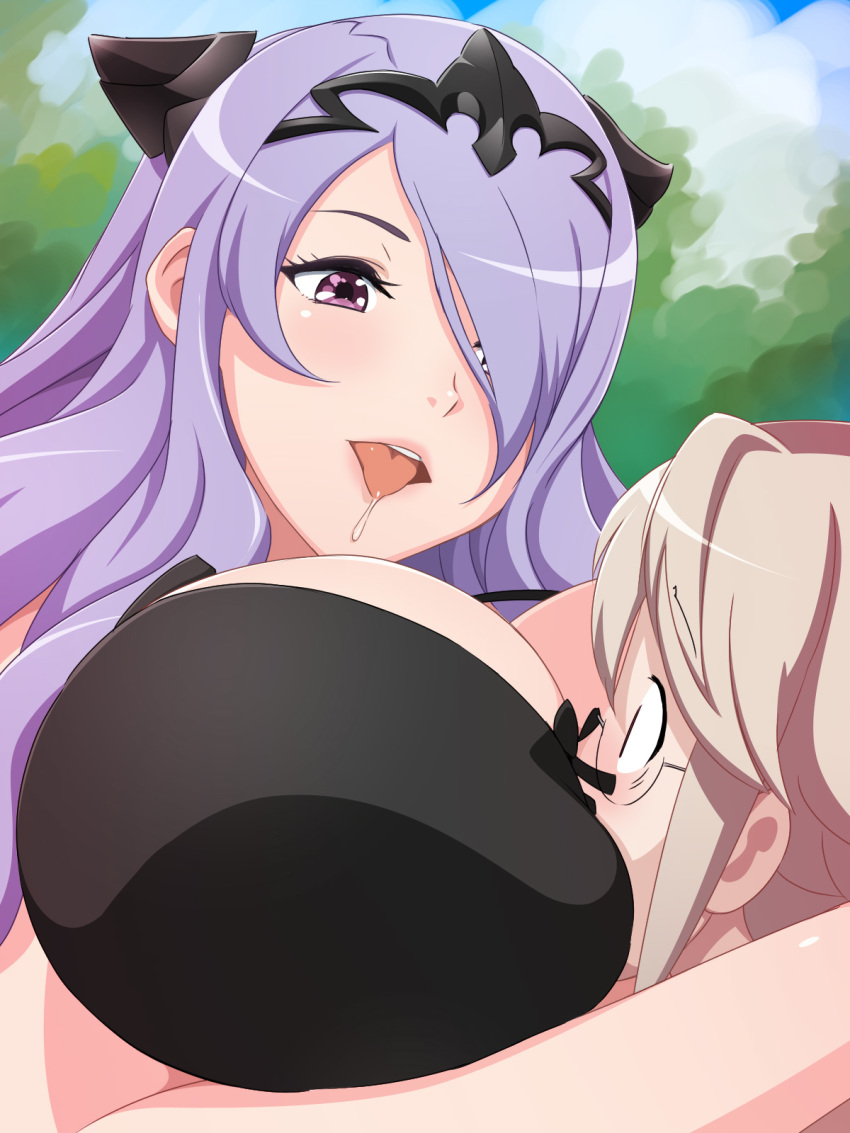 1girl between_breasts big_breasts blush bra breast_press breast_smother breasts camilla_(fire_emblem_if) cleavage fire_emblem fire_emblem_if glasses hair_over_one_eye high_res huge_breasts hugging long_hair looking_at_another male_my_unit_(fire_emblem_if) my_unit_(fire_emblem_if) naughty_face nintendo open_mouth outside purple_eyes purple_hair saliva shiny shiny_skin tagme tongue upper_body yuki_(12cut)