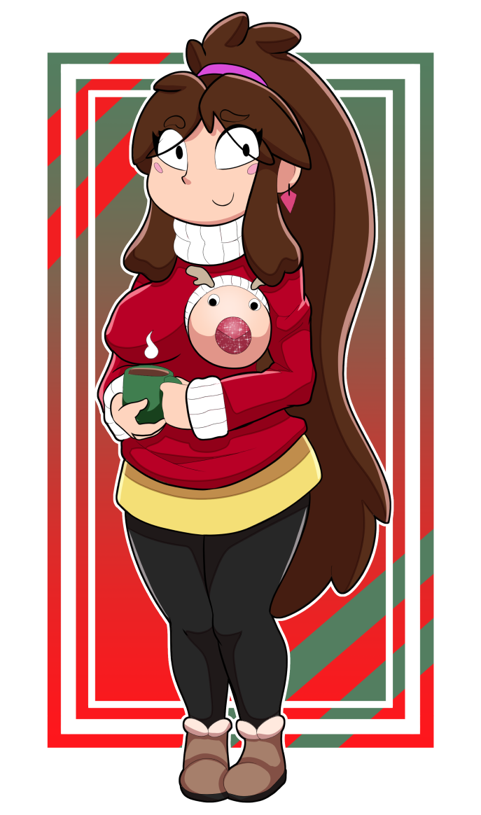 1girl aged_up bangs big_breasts blush boots breasts brown_hair covered_nipples earrings gravity_falls headband holding_object leggings long_hair looking_at_viewer mabel_pines one_breast_out smile sweater thighs wide_hips