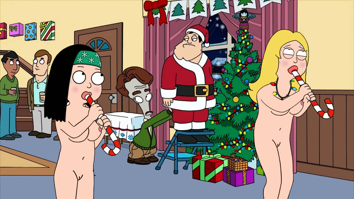 american_dad breasts candy_cane christmas christmas_tree francine_smith hayley_smith nipples nude public_nudity roger_(american_dad) santa_costume santa_hat shaved_pussy stan_smith