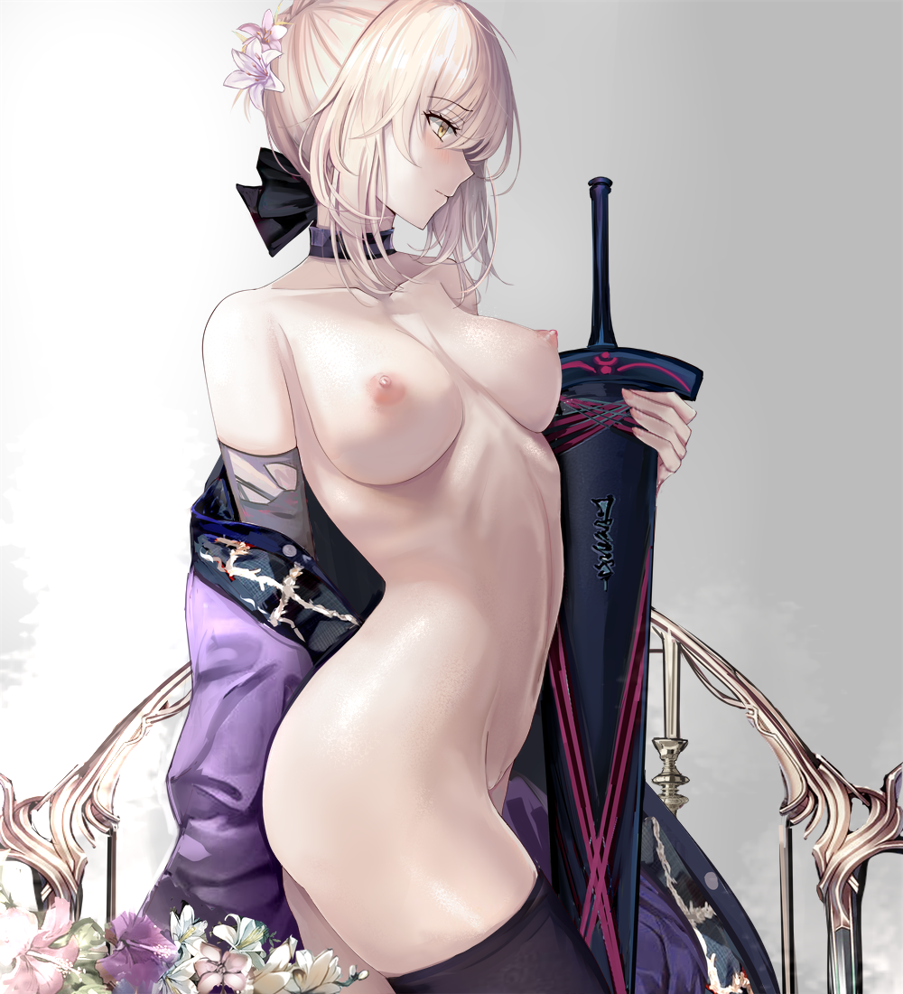 1girl 1girl 1girl ahoge areola artoria_pendragon artoria_pendragon_(alter) ass bangs black_legwear black_ribbon blonde blush braid breasts clavicle closed_mouth crown_braid dark_excalibur fate/grand_order fate_(series) flower green_flower hair_flower hair_ornament hair_ribbon holding holding_sword holding_weapon long_hair medium_breasts misaka12003 neck_ribbon nipples nude off_shoulder pink_flower pubic_hair purple_flower ribbon ribs sheath sheathed sidelocks skindentation smile stockings stomach sword tied_hair torn_clothes weapon yellow_eyes