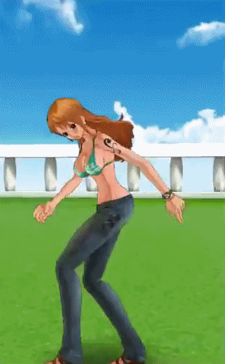 3d animated animated_gif ass ass_crack big_breasts bikini_top bouncing_breasts breasts cleavage dancing gif high_heels jeans jiggle nami one_piece smile spinning tattoo