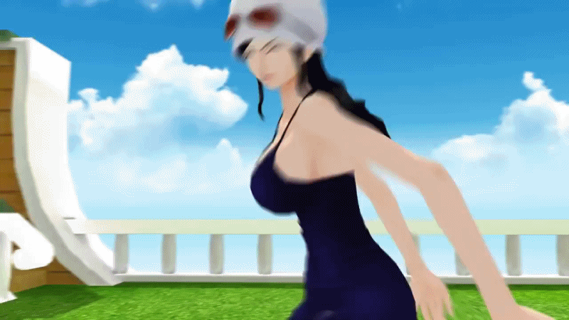 3d animated animated_gif big_breasts bouncing_breasts breasts cleavage dancing gif jiggle nico_robin one_piece spinning swim_cap