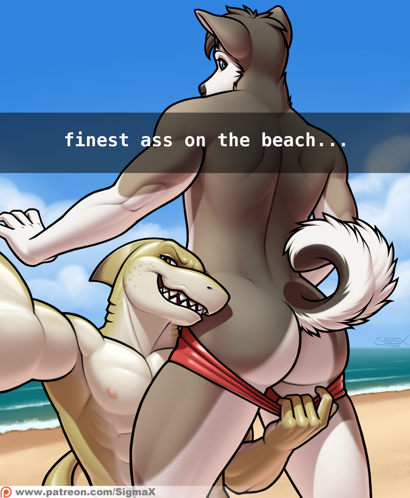 2018 abs anthro ass assisted_exposure beach black_fur canine clothed clothing dog duo english_text fish fur furry green_eyes grey_fur husky male male/male mammal marine muscular muscular_male nipples outside pants pants_down pantsing partially_clothed public raised_tail sea seaside selfpic shark sharp_teeth sigma_x signature sky smile snapchat standing swimsuit teeth text topless url water white_fur