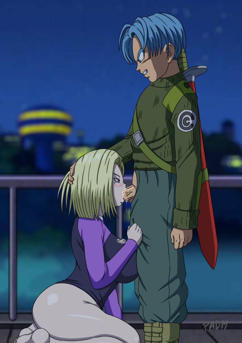 android_18 balcony blonde_hair dragon_ball dragon_ball_super fellatio future_trunks night nighttime no_panties no_pants on_knees oral outdoors outside padm trunks_briefs