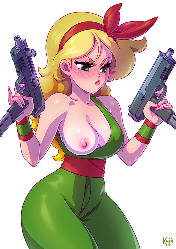 big_breasts blonde blonde_hair breasts breasts_out dragon_ball_z gun launch lips outfit