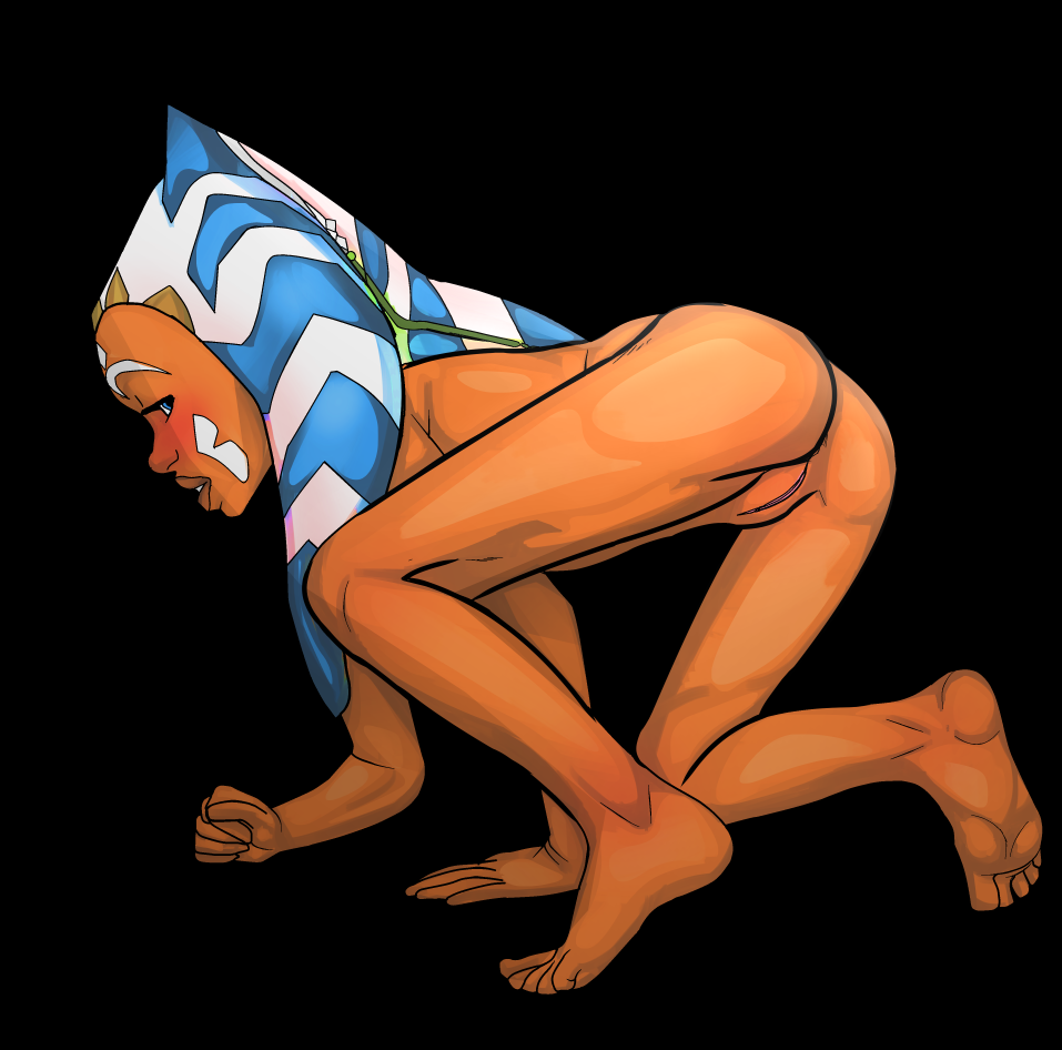 1girl ahsoka_tano alien ass black_background blue_eyes female female_only looking_at_viewer nude panzer pussy solo star_wars star_wars:_the_clone_wars togruta