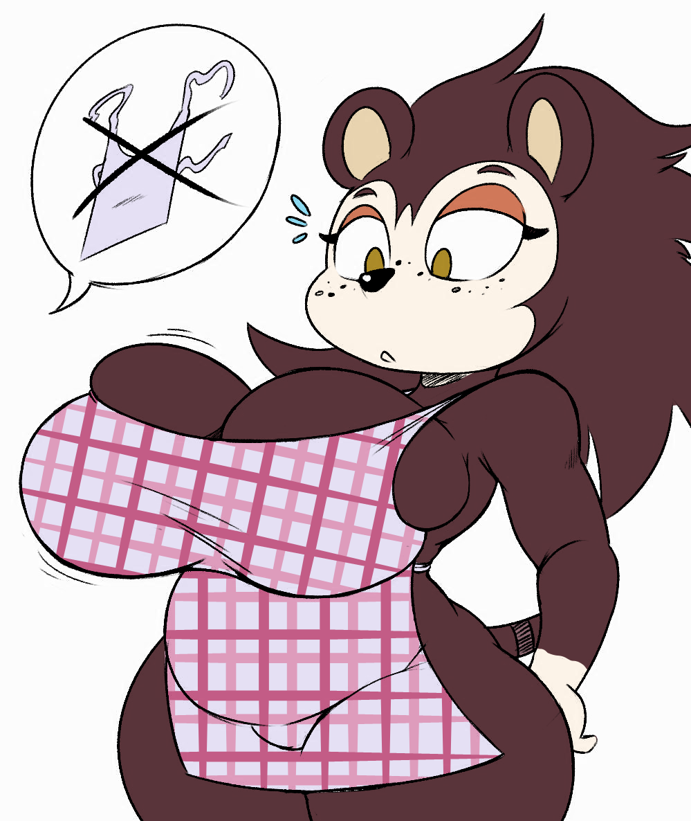 1girl 2018 animal_crossing anthro apron big_breasts breast_expansion breasts cleavage clothed clothing eulipotyphlan freckles furry hedgehog huge_breasts mammal nintendo pictographics purple_yoshi_draws sable_able short_stack sketch speech_bubble video_games