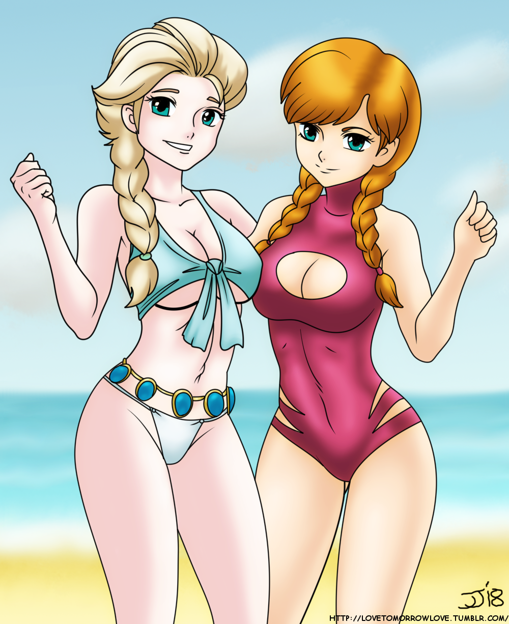 2_girls 2girls adorable alluring anna_(frozen) beach bikini cleavage_cutout colored edit elsa frozen_(movie) john_joseco sexy sisters swimsuit