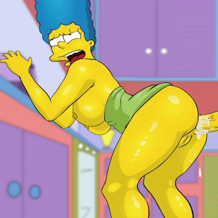 1boy 1girl anal anal_penetration ass big_breasts blue_hair breasts edit from_behind marge_simpson milf nipples partially_clothed pussy the_simpsons tongue tongue_out