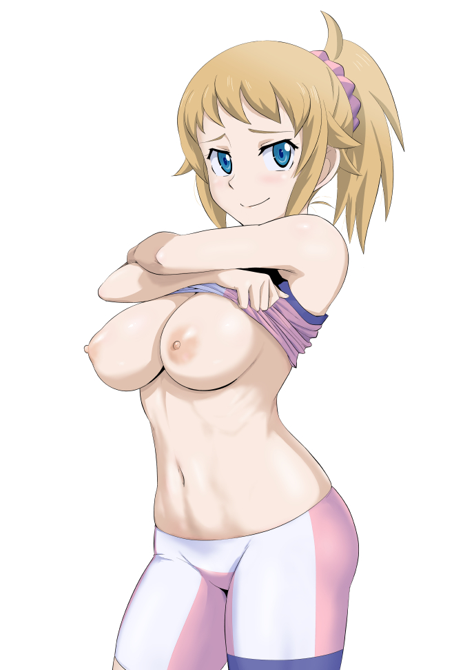 1girl armpits arms_up bare_arms bare_shoulders big_breasts blue_eyes blush bra breasts breasts_out_of_clothes brown_hair closed_mouth clothes_lift cowboy_shot crop_top crossed_arms female_only gundam gundam_build_fighters gundam_build_fighters_try hair_ornament hair_scrunchie hoshino_fumina lifted_by_self light_blush long_hair looking_at_viewer medium_breasts minpei_ichigo navel nipples pink_hair_ornament pink_scrunchie ponytail scrunchie shirt_lift short_hair sidelocks simple_background skindentation smile solo_female spats sports_bra stomach tied_hair underwear undressing white_background