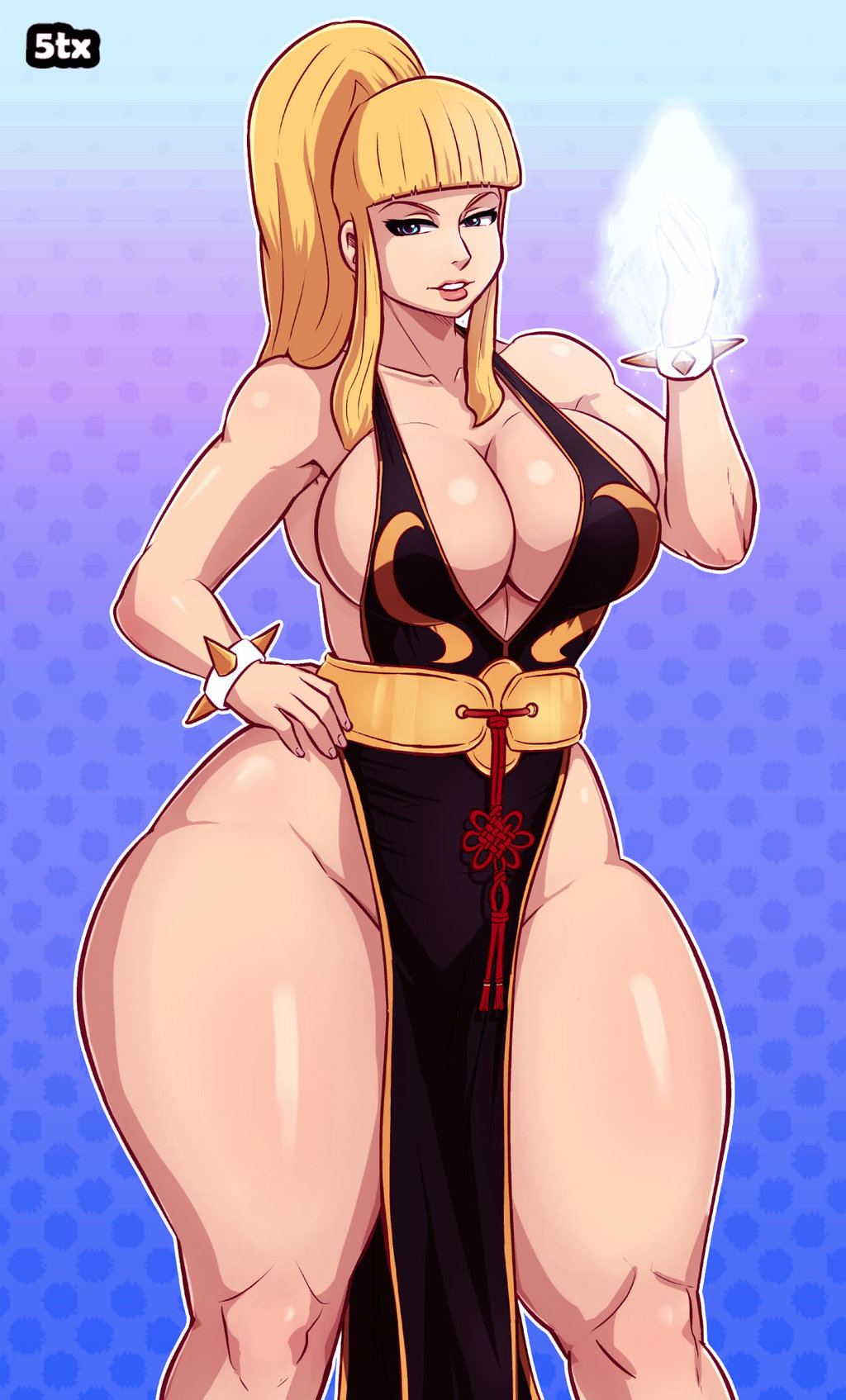 5tarex big_breasts blonde_hair blue_eyes breasts chubby cosplay curvy kolin muscular_female muscular_thighs no_bra no_panties smile street_fighter thick_thighs voluptuous wide_hips
